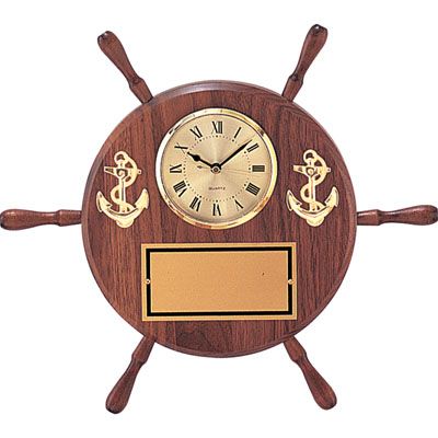Shipwheel Clock Plaque, Genuine Walnut